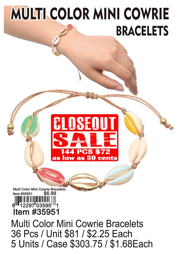 Multi Color Mini Cowrie Bracelets - Closeout 144 Pcs.